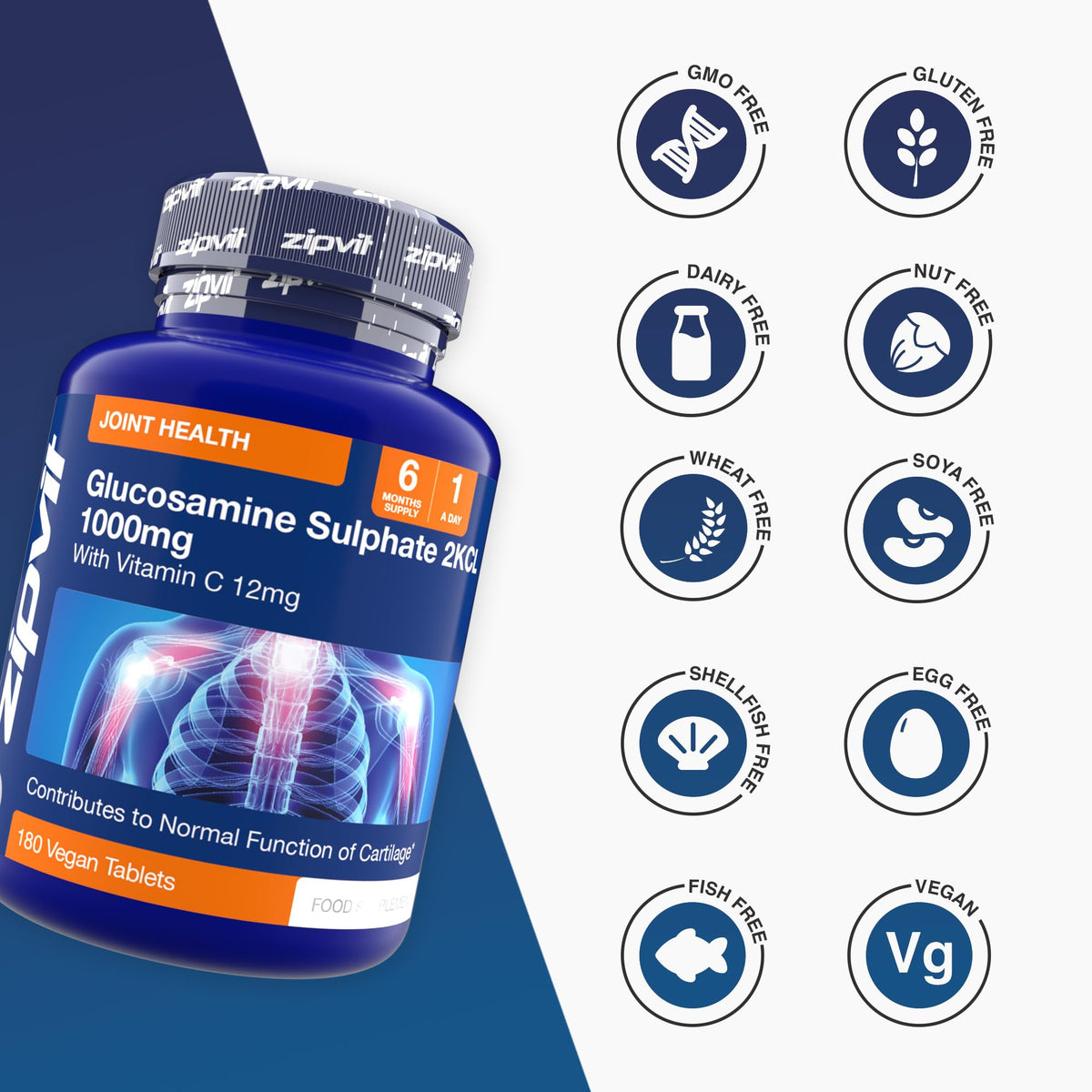 Zipvit Glucosamine Sulphate 2KCl 1000mg with Vitamin C, 180 Vegan Tablets, Supports Bones, Cartilage & Collagen, Reduces Tiredness & Fatigue, Joint Health Supplement, 6 Month Supply