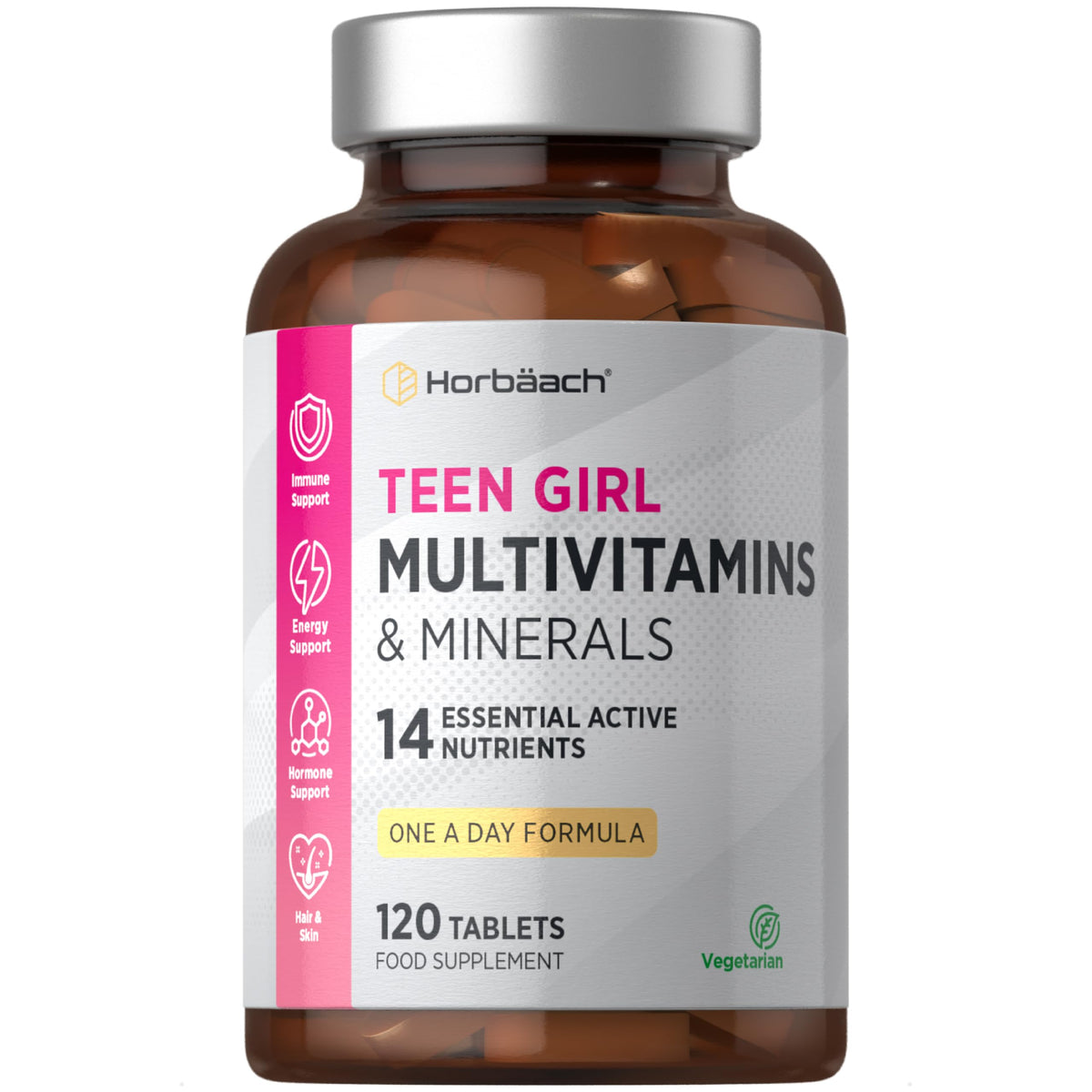 Horbäach Multivitamin Tablets for Teen Girls | 120 Count | 14 Essential A-Z Vitamins and Nutrients | with Iron, Vitamin B12, Folic Acid and Magnesium | Vegetarian | By Horbaach