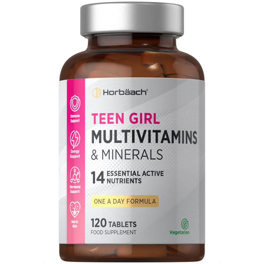 Horbäach Multivitamin Tablets for Teen Girls | 120 Count | 14 Essential A-Z Vitamins and Nutrients | with Iron, Vitamin B12, Folic Acid and Magnesium | Vegetarian | By Horbaach