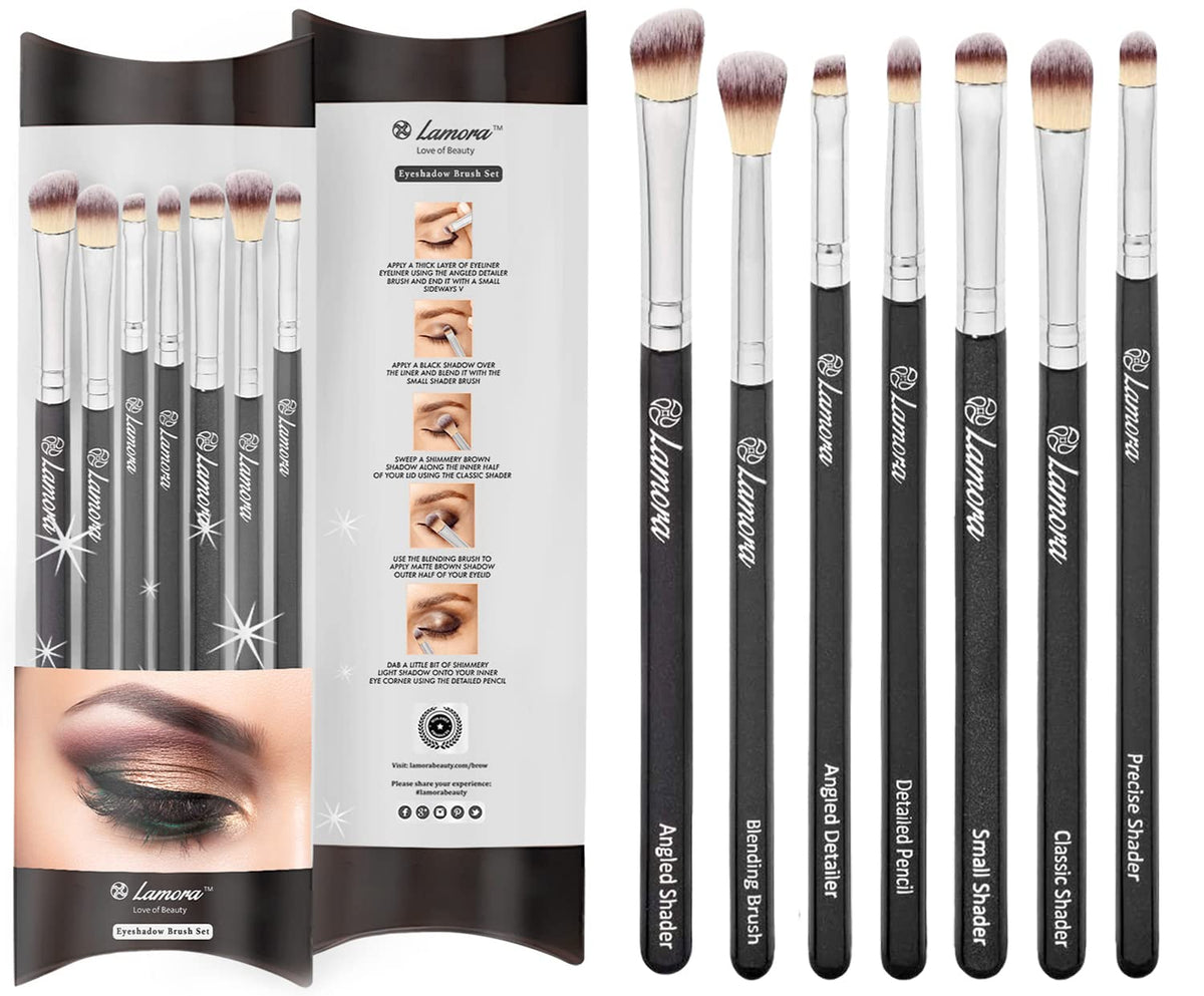 Lamora Make Up Eye Brush Set - Eyeshadow Eyeliner Blending Crease Kit - Best Choice 7 Piece Essentials - Pencil, Shader, Tapered, Definer - Vegan Synthetic Bristles That Last Longer, Apply Better Makeup & Make You Look Flawless