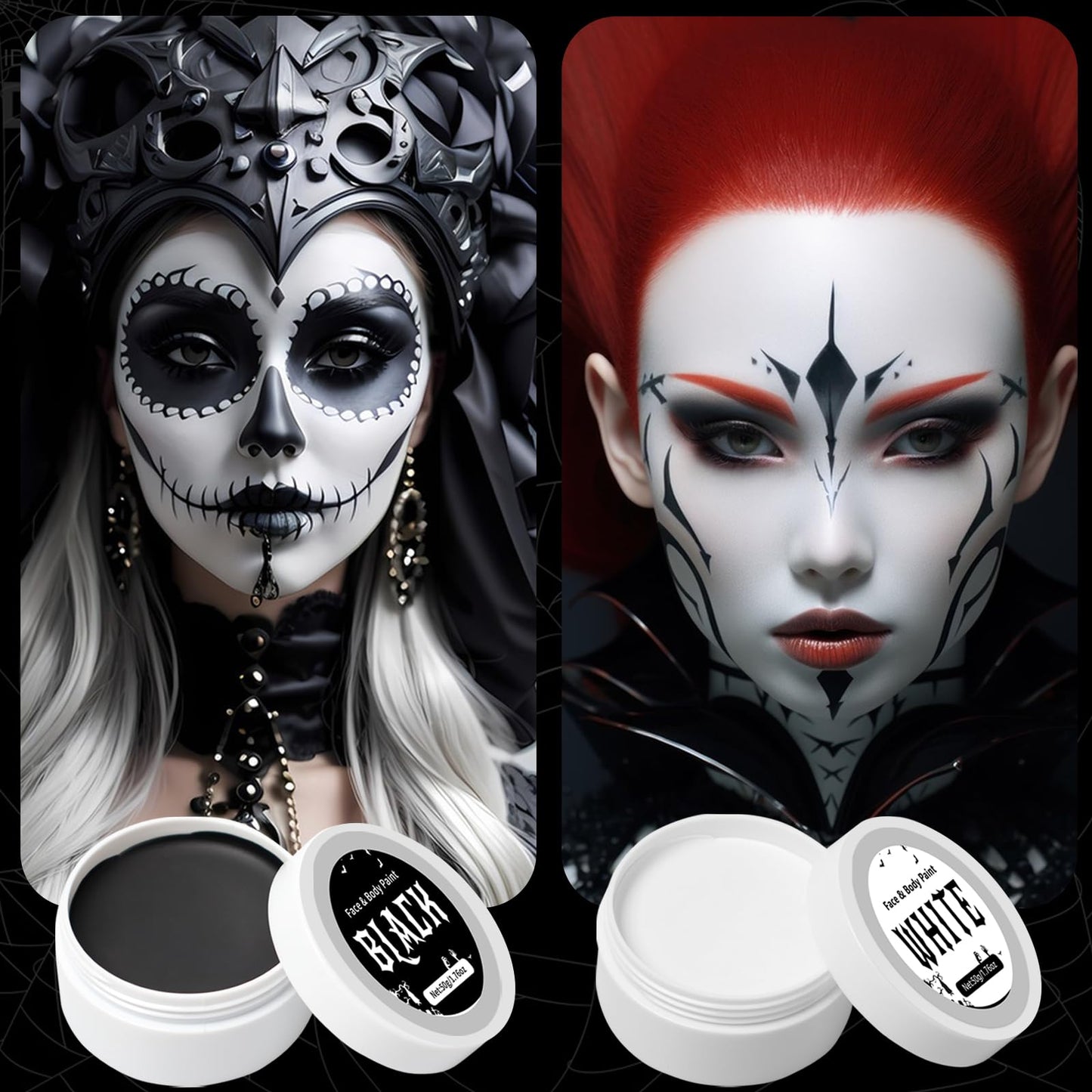 MAINT-CÖLLINTEC White Black Face Paint Makeup Halloween 100g, Halloween Make Up Kit Kids Adults, Halloween Face Paints Kit for Children, Skeleton Zombie Clown Makeup Halloween, Body Paint for Fancy Dress, Festivals