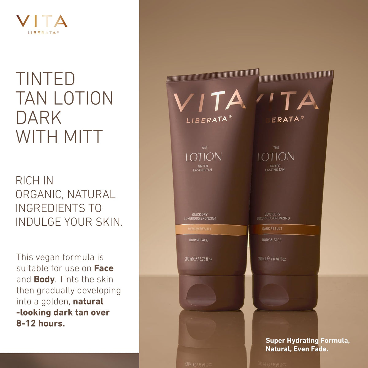 VITA LIBERATA Tinted Tan Lotion Dark 200ml & Mitt Bundle, Hydrating Tanning Lotion, Sun-Kissed Tan, Designed for Face & Body Use, Tinted, Lasting Tan, Streak Free Blend