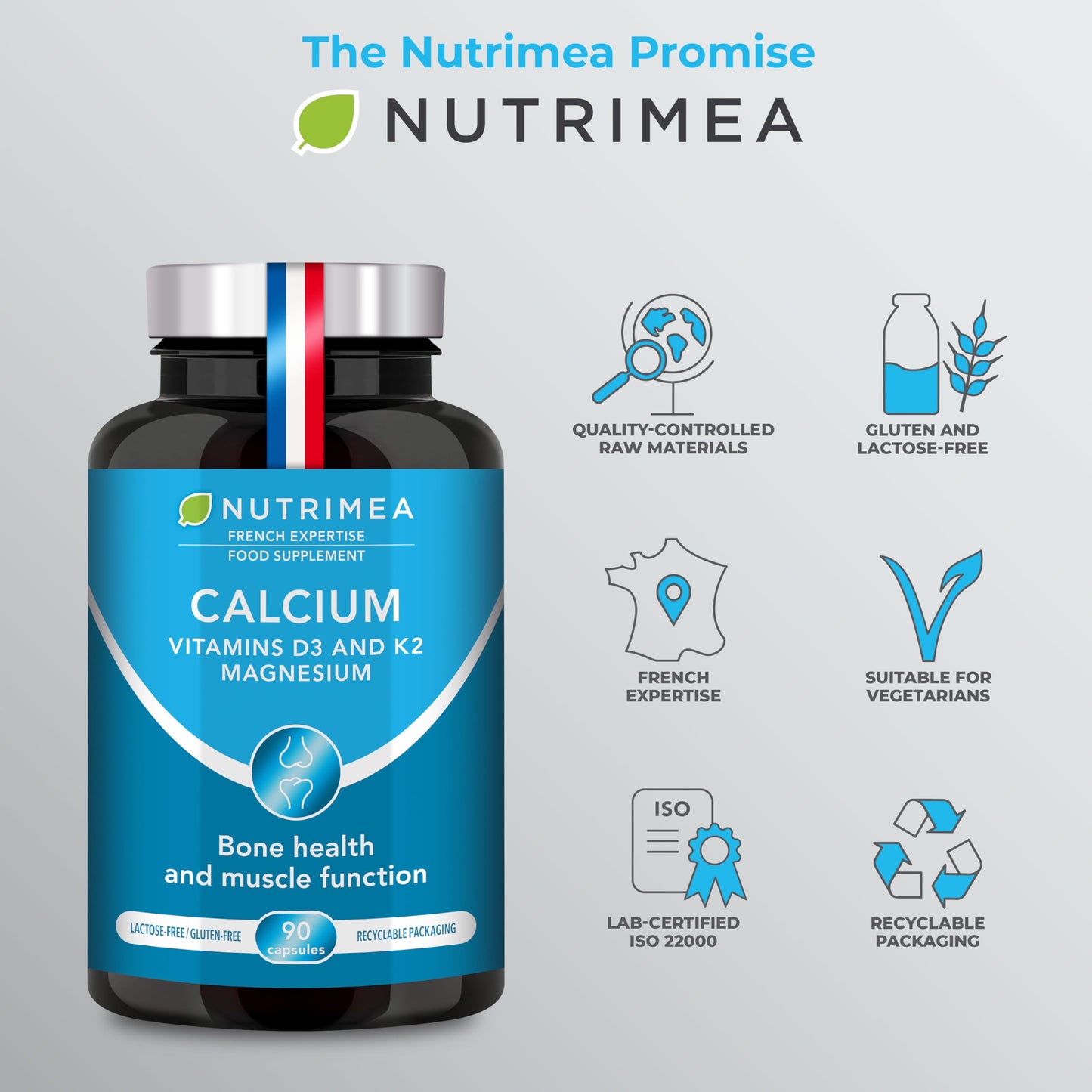 Laboratoires Nutrimea Calcium Supplement - Magnesium, Vitamin D3 and K2 Formula - 90 Vegetarian Capsules - Easy to Swallow - Daily Mineral Formula - French Expertise - Nutrimea