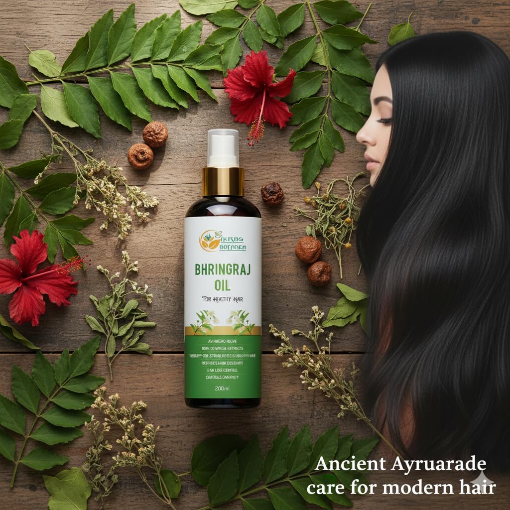 Herbs Botanica Bhringraj Oil for Hair Growth Organic Ayurvedic Herbal Hair Oil with Bhringraj, Amla, Aloe Vera, Sesame & Curry Leaf Reduces Hair Fall, No Silicones or Parabens 6.76 Fl Oz