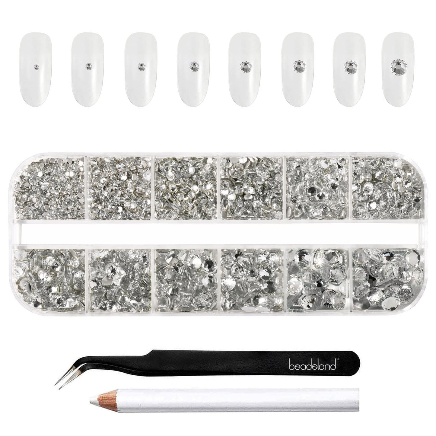 BEADSLAND Beadsland 2500pcs Clear Rhinestones,Flatback Gems Round Crystal Rhinestones for Nail Crafts Mixed 8 Sizes SS4~SS30 with Picking Tweezer and Pen (Clear)