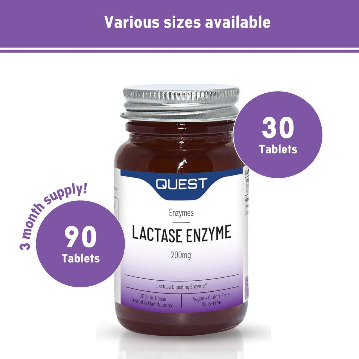 Quest Lactase Enzyme 200mg Lactose Intolerance Relief. 2000 ALU Fast Relief Dairy Enzymes Digestive Supplement to Prevent Gas, Bloating & Diarrhoea. Dairy Free, Gluten Free & Vegan (30 Tablets)
