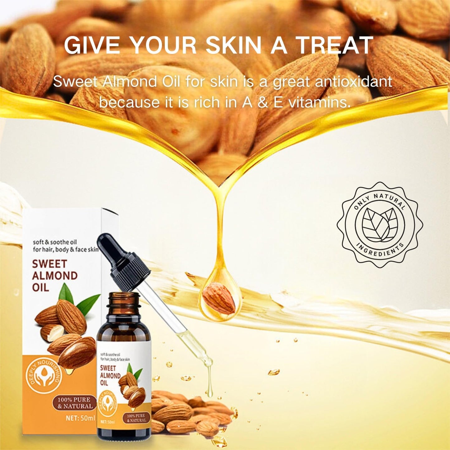 Trendyfave Sweet Almond Body Oil, Pure Almond Oil 100% Pure & Natural, Moisturising Facial Oil for Hair and Face Care, Almond Oil for Nourishes Skin, Hair & Nails, Body Massage Oil - Travel Size