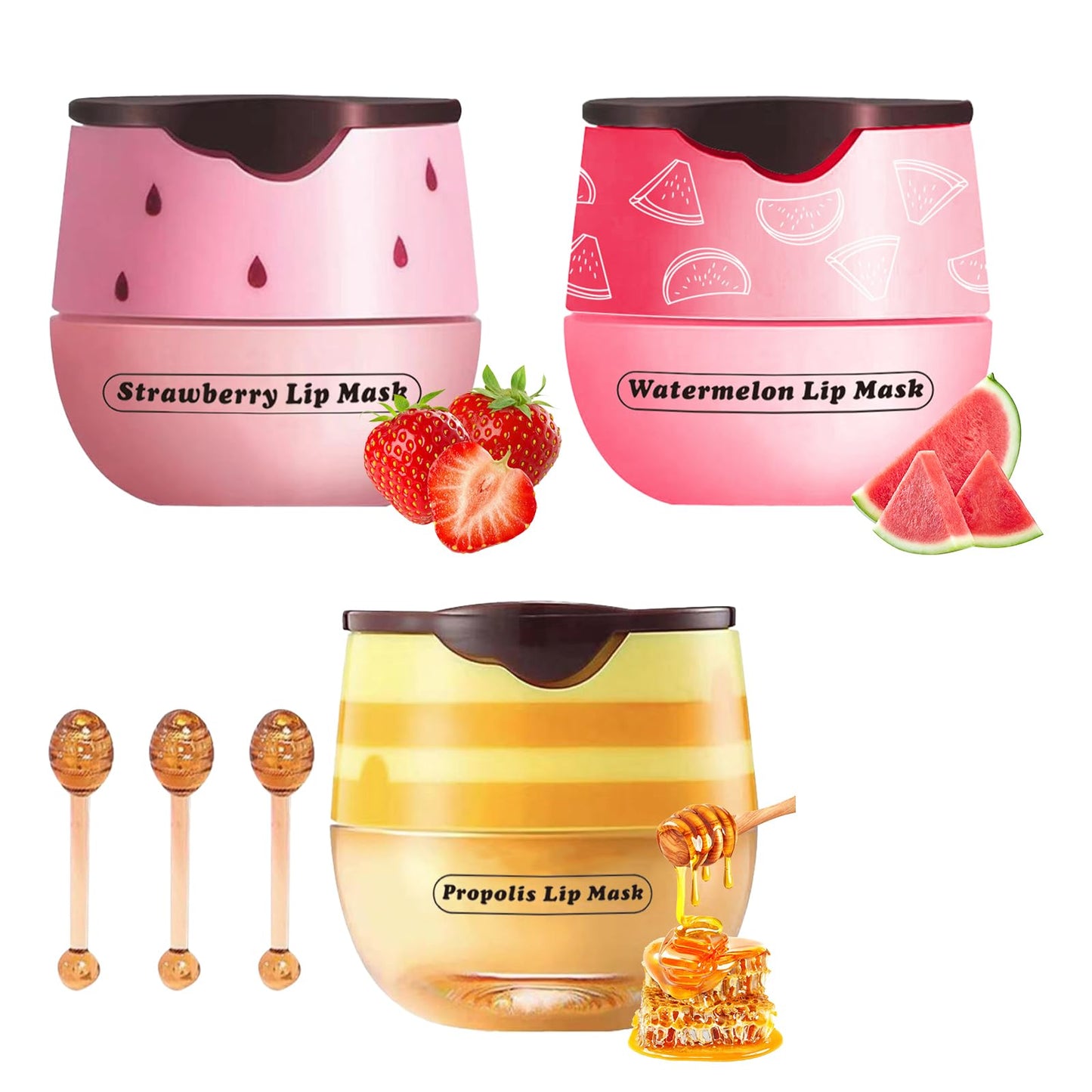 Anmahe 3Pcs Bee Lip Balm Honey Pot with Stick, Lip Mask Day And Night Repair and Care, Moisturizing Lip Sleeping Cream, Silky Hydrate Repair Prevent Dry Cracked Lip Exfoliator(Honey+Strawberry+Watermelon)