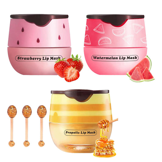 Anmahe 3Pcs Bee Lip Balm Honey Pot with Stick, Lip Mask Day And Night Repair and Care, Moisturizing Lip Sleeping Cream, Silky Hydrate Repair Prevent Dry Cracked Lip Exfoliator(Honey+Strawberry+Watermelon)