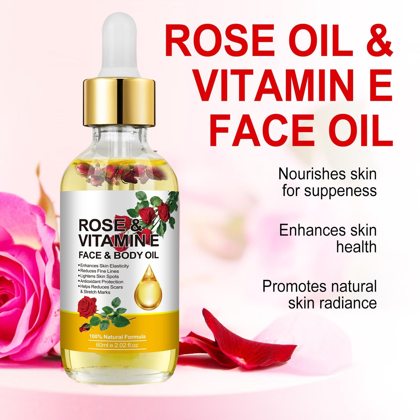 Rose Vitamin E Face & Body Oil - 100% Natural Moisturize Reduce Wrinkles Diminish Scars and Stretch Marks Enhances Skin Elasticity Rose Vitamin E Oil Organic for Face Body Massage Oil