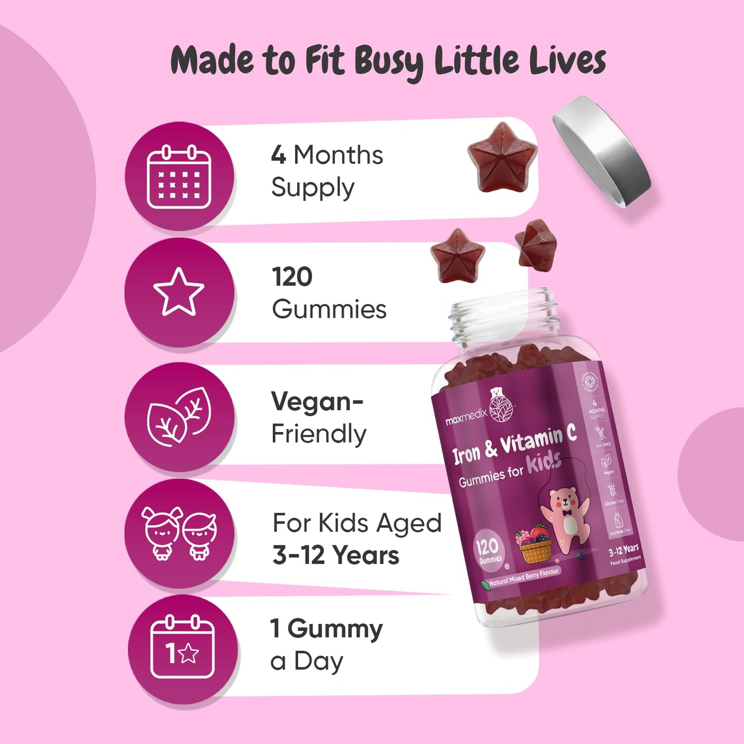 maxmedix Iron Gummies for Kids - 4 Months Supply - 120 Gummies - with Vitamin C - Natural Mixed Berry Flavour - Bioavailable Forms - Lactose-Free & Vegan Iron Supplements for Kids - No Metallic Aftertaste