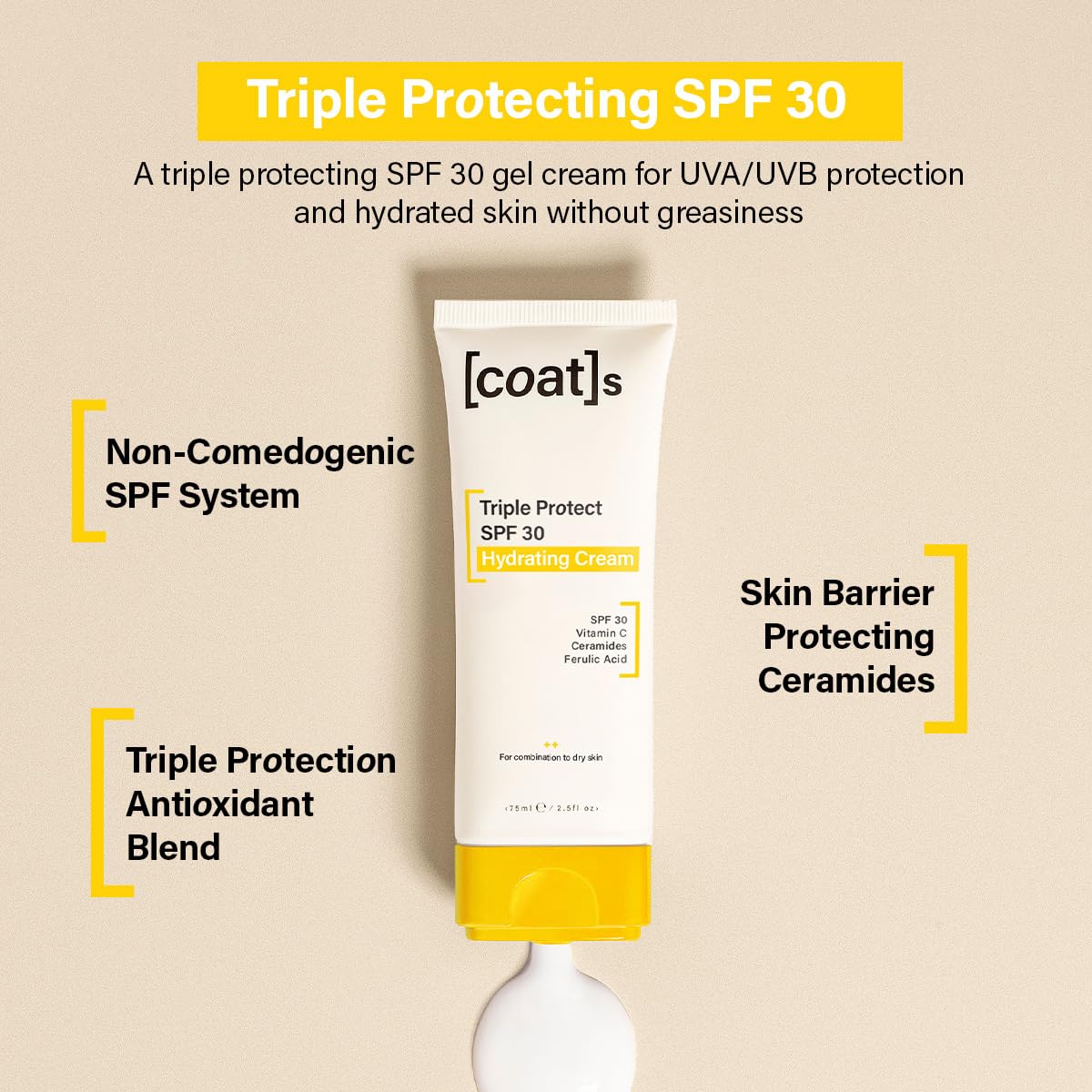 Coats SPF 30 Triple Protect Hydrating Face Cream with Ceramides + Vitamin C, UVA/UVB Protection. Non-Greasy, Non-Comedogenic SPF Face Moisturiser Sunscreen for Combination to Dry Skin (75ml)
