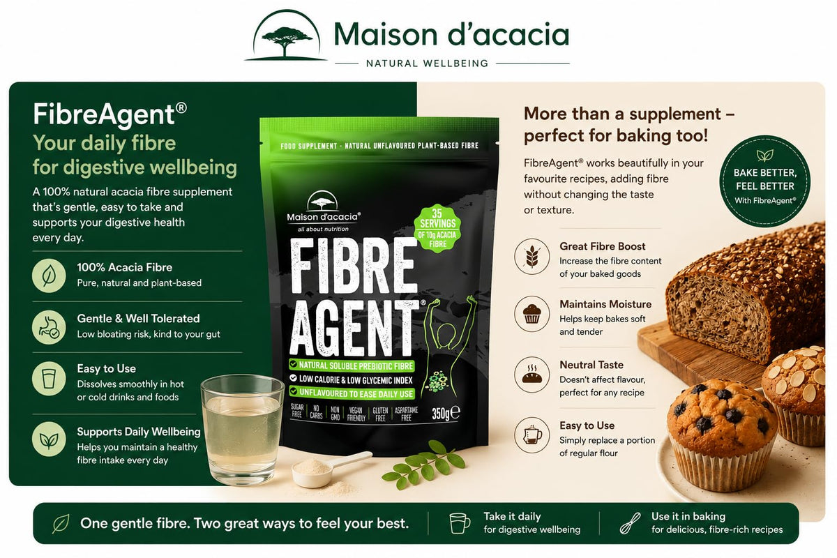 Maison d'acacia Acacia Fibre Supplement 350g Multi Award Winning. Gentle Daily Prebiotic Regularity & Constipation Relief Unflavoured. Natural Fiber with Nothing Added. Psyllium Husk & Inulin Alternative. 35 Servings