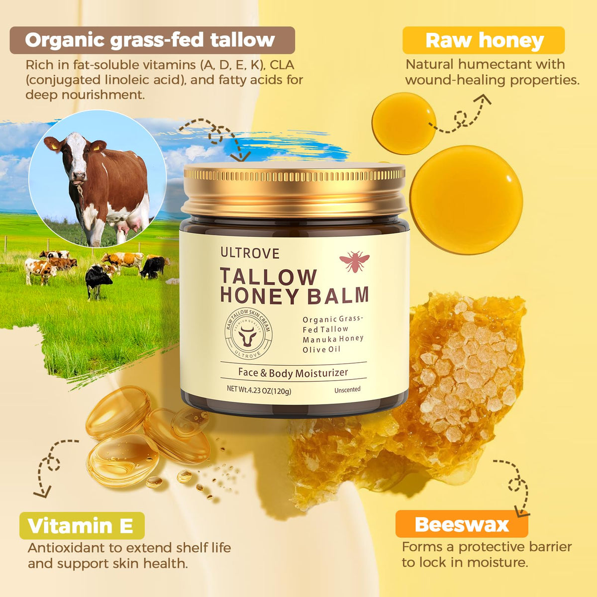 Ultrove ULTROVE Beef Tallow and Honey Balm for Skin, Natural Face + Body Moisturizer with Organic Grass-Fed Beef Tallow & Raw Wild Honey for Dry & Sensitive Skin, 4.23oz