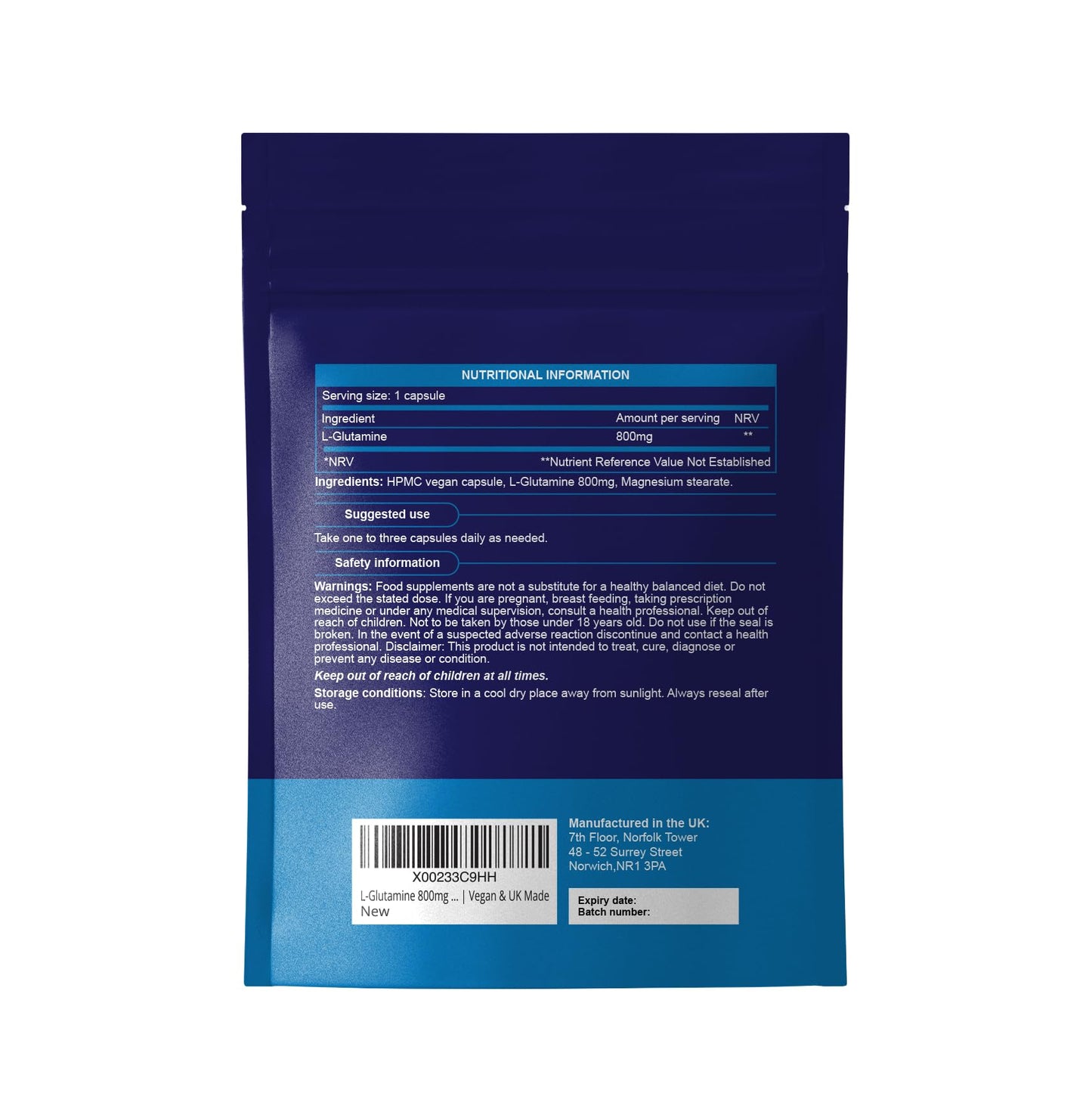 Nutrivo L-Glutamine 800mg Capsules | 90 Capsules Per Pouch | L-Glutamine Nutritional Supplements | Supports Muscle and Gut Health | Good Alternative to Powder and Tablets | Vegan & UK Made