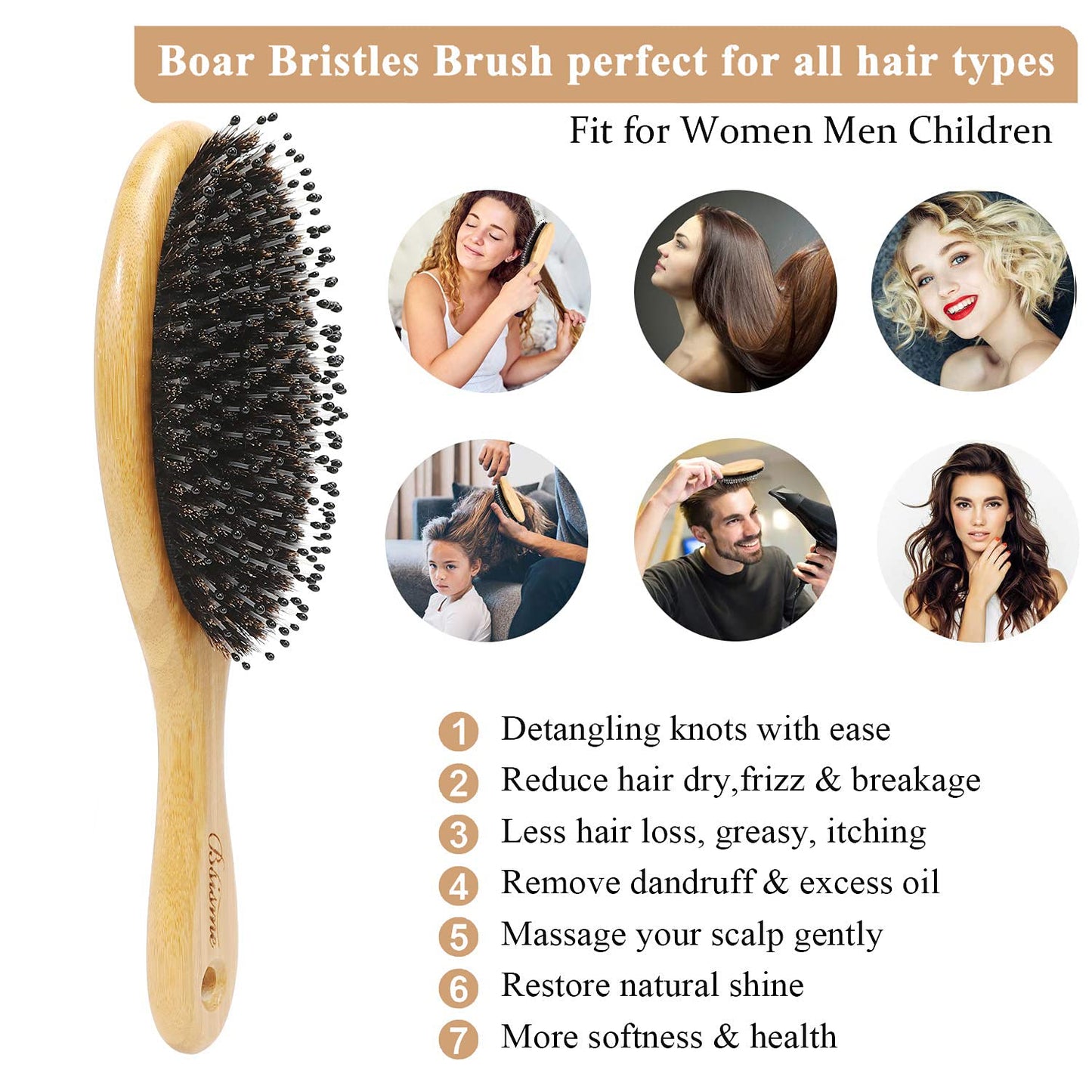 Bsisme Boar Bristles Hair Brush,Detangling Hairbrushes for Long Short Curly Straight Fine Hair,Women Men Boys Girls Hairbrush (Oval)