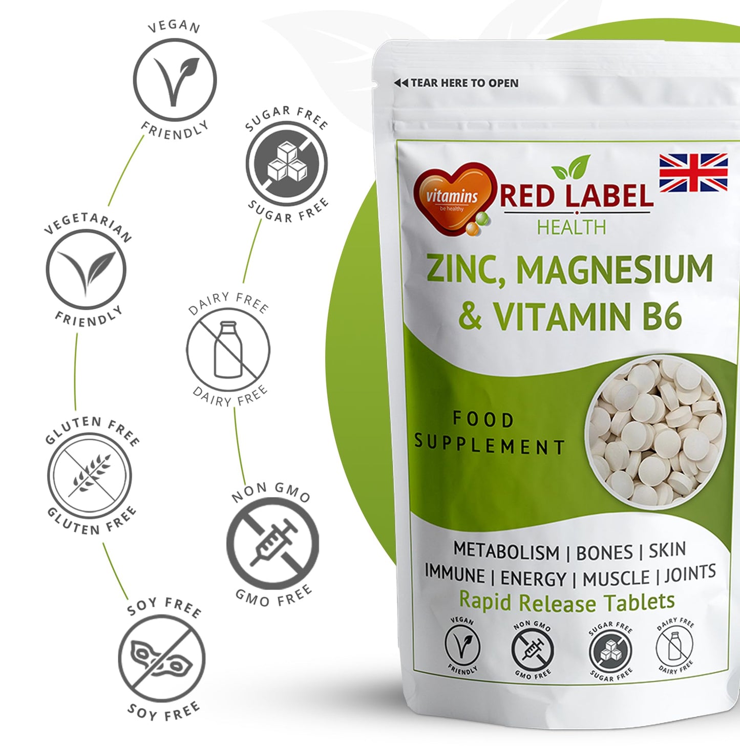 Red Label Health Zinc Magnesium and Vitamin B6 Tablets Supplements for Men & Women, Pack of 365 Tablets (1 Year Supply), High Strength Sleep Aid, Muscle Recovery, Better Sleep, UK