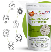 Red Label Health Zinc Magnesium and Vitamin B6 Tablets Supplements for Men & Women, Pack of 30 Tablets (1 Month Supply), High Strength Sleep Aid, Muscle Recovery, Better Sleep, UK
