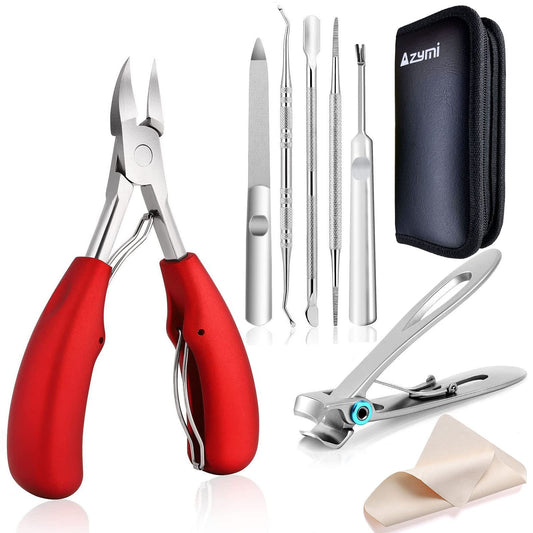 Azymi Toenail Clippers for Thick or Ingrown Nails, 7Pcs Nail Clippers Kit with Pedicure Tools, Sharp Blades/Long Handled, Heavy Duty Nail Scissors for Toenail Fungus Treatment for Men Women Elderly