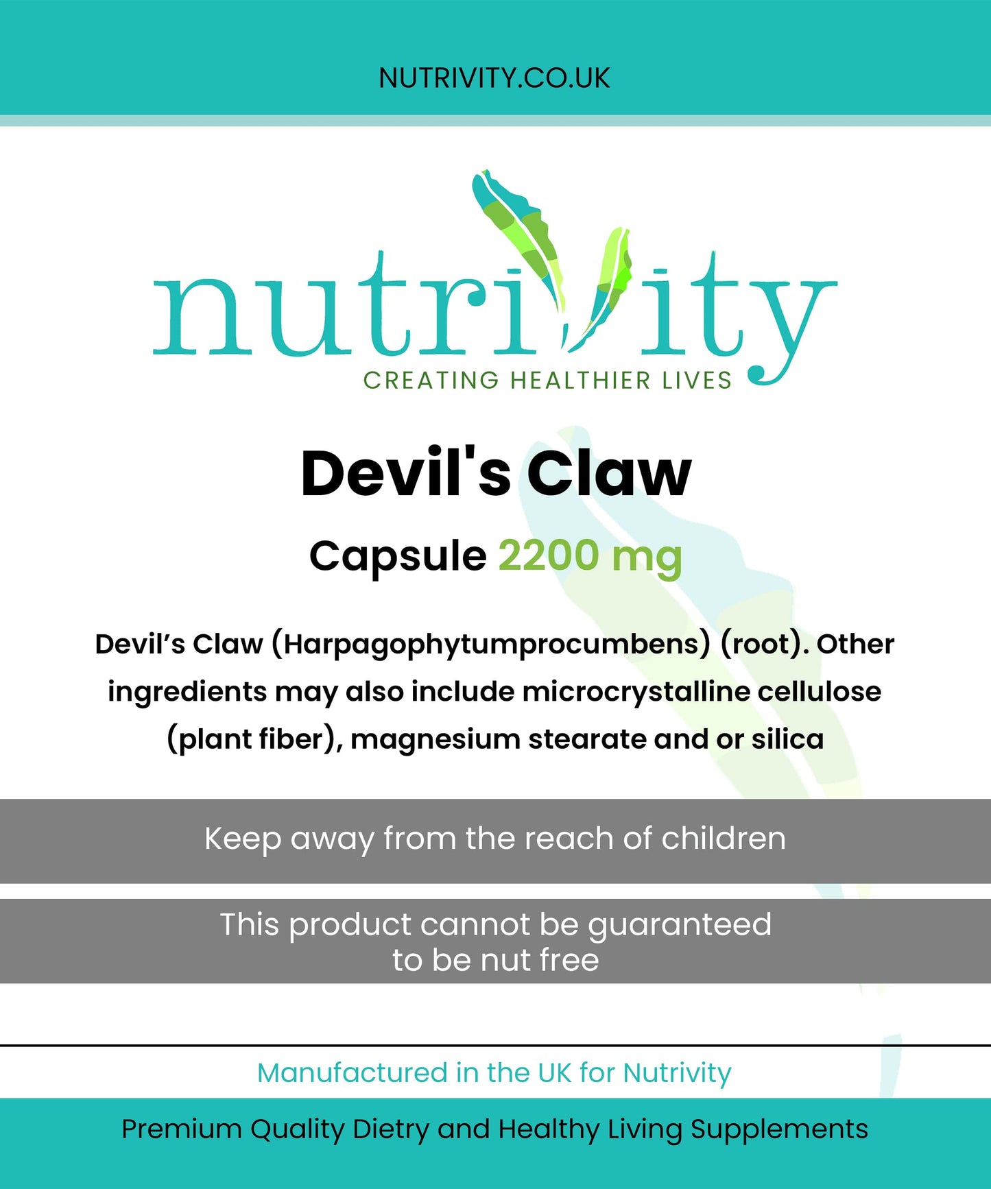 Devil's Claw 2200mg Joints Aches Support Supplement by Nutrivity 30 Capsules