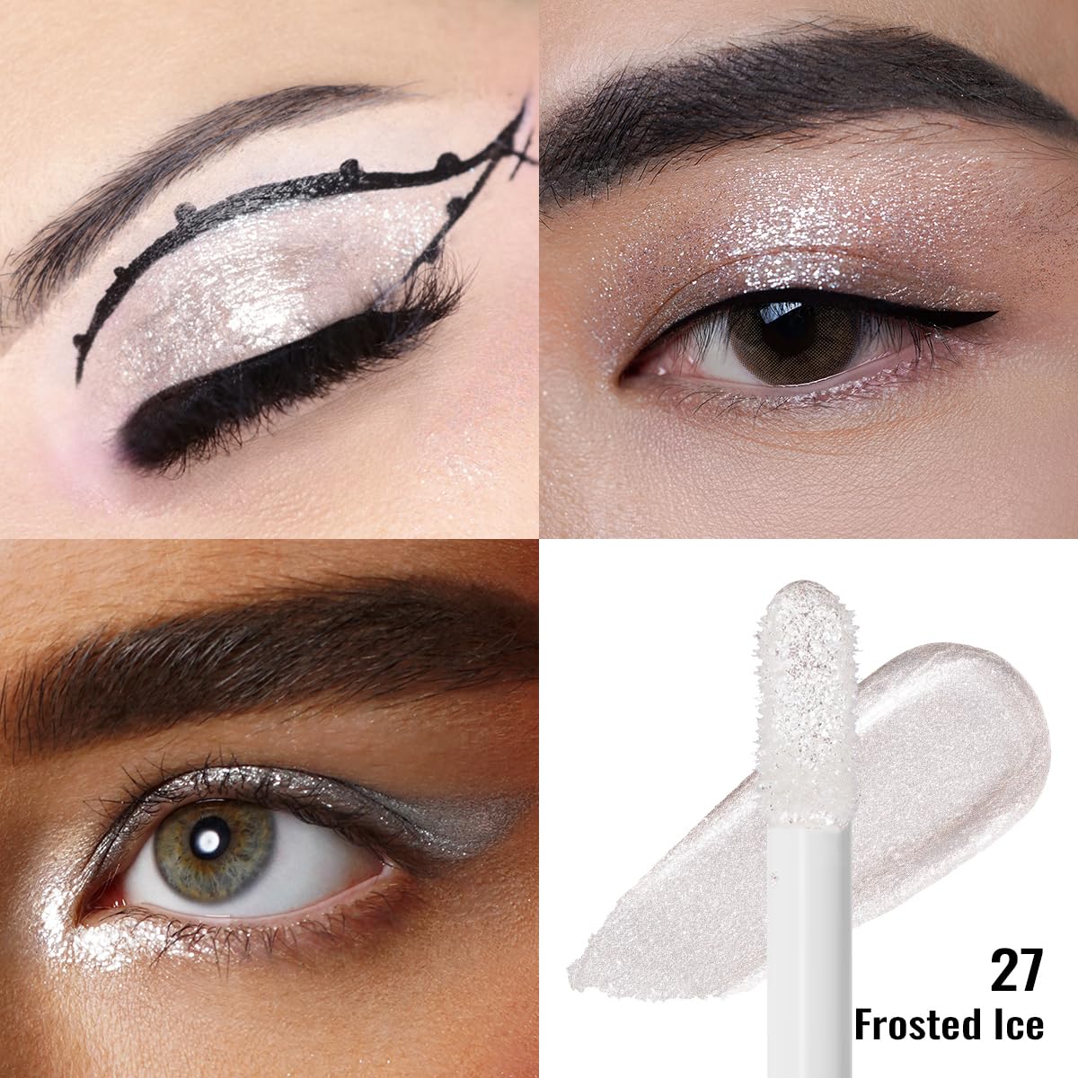 Oulac Liquid Glitter Eyeshadow - Metallic Icy White Eyeshadow Shimmer Eyeshadow with Fine Sparkle & Glow, Blendable Sparkly Eyeshadow Eye Make-up, Crease Resistant, Vegan, 5.4g, Frosted Ice (27)