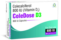 Vitamin D 800 IU –Equivalent to 20 mcg - ColeDose D3, Premium Vitamin - 30 Capsules- One a Day