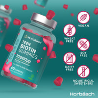 Biotin Gummies for Teens | 60 Count | Natural Strawberry Flavour | 10,000ug of Biotin to Support Hair & Skin Health | High Strength Vegan Supplement | by Horbaach