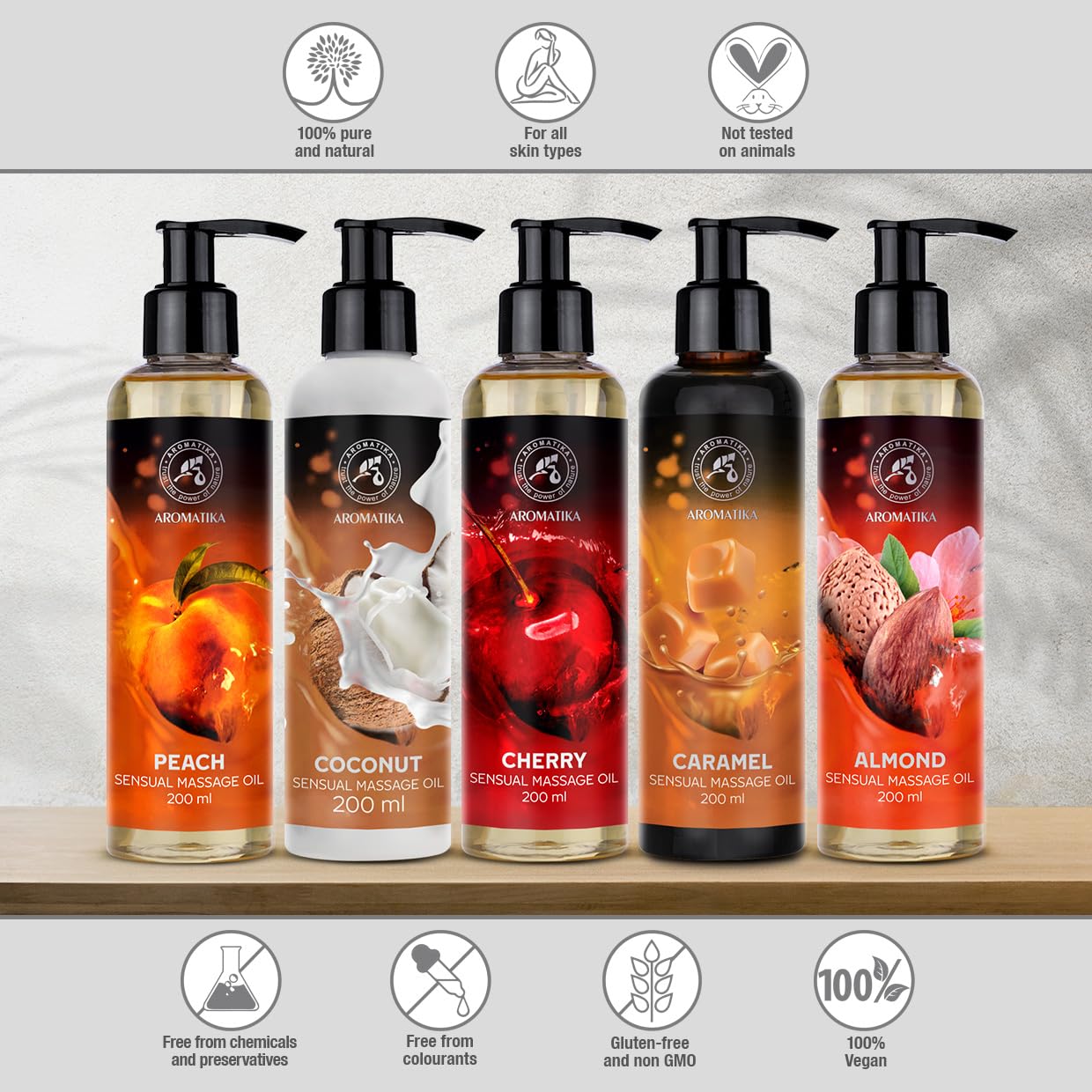AROMATIKA trust the power of nature Sensual Massage Oil Set 2x200ml - Peach and Cherry - Edible & Kissable Massage Oil - Blend of Almond & Grapeseed & Macadamia Oils - Body Oil for Him & Her - for Couples - Relaxing Massage Oil