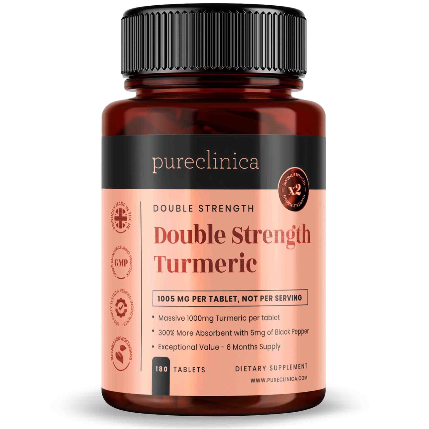 Pureclinica Double Strength Turmeric - 1000mg x 180 Tablets - Natural Levels of Curcumin - and 5mg Black Pepper Extract.