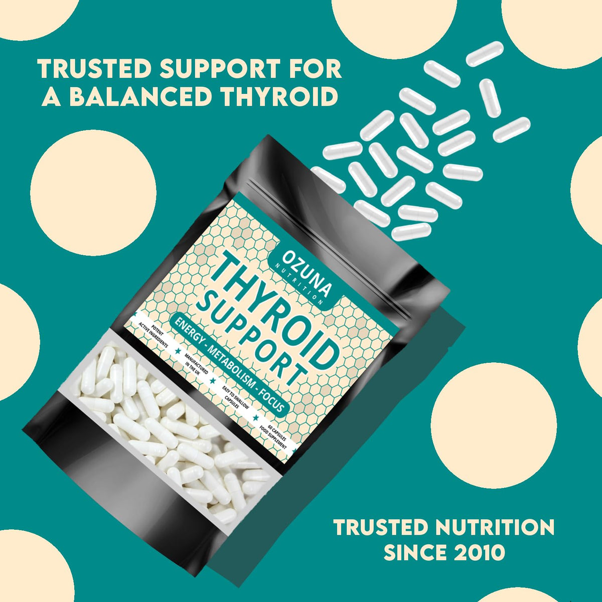 OZUNA NUTRITION Thyroid Support Supplement - 60 Vegetarian Capsules - with Myo inositol, L-Tyrosine & Natural Iodine from Kelp - Energy & Focus Formula - UK Made - 1 Month Supply