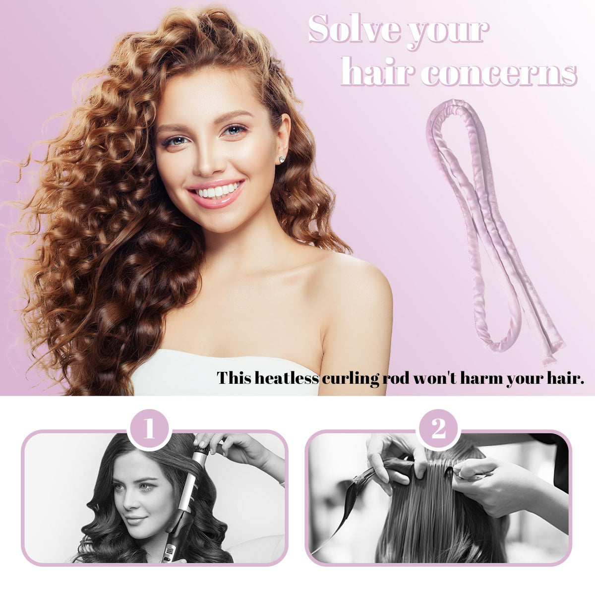 LunarCharm Heatless Curling Headband, Curlers without Heat with Small Hairpin, Overnight No Heat Curls with Thin Sleep Curlers, Pink