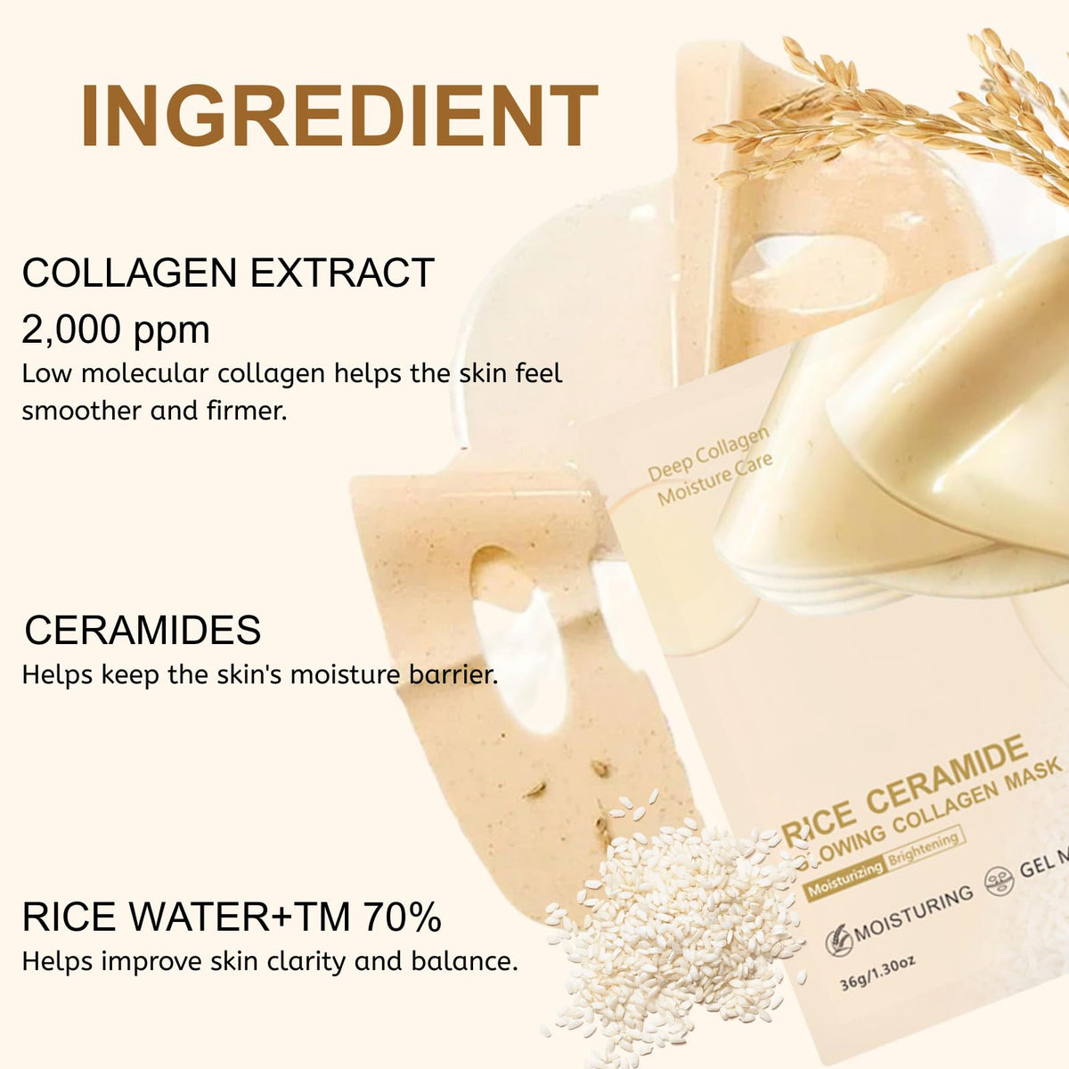 IZBEAUVO 6Pcs Rice Glow Collagen Mask, Rice Ceramide Collagen Face Mask, Bio Overnight Face Mask for Glass Skin, Brightening Night Wrapping Gel, Tightening, Shrink Pores, Soothe, Repair, Korean Skincare