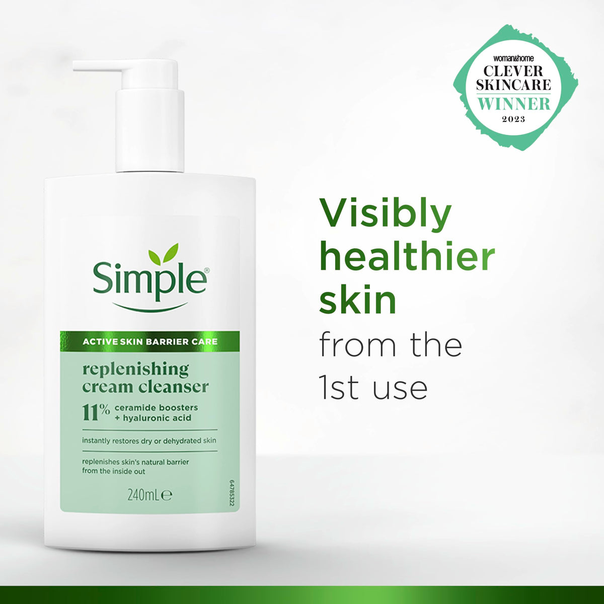 Simple Replenishing Cream Cleanser – Gentle Face Wash with Pro-Ceramides & Hyaluronic Acid – Restores Dry, Dehydrated Skin & Strengthens Skin Barrier – 240ml