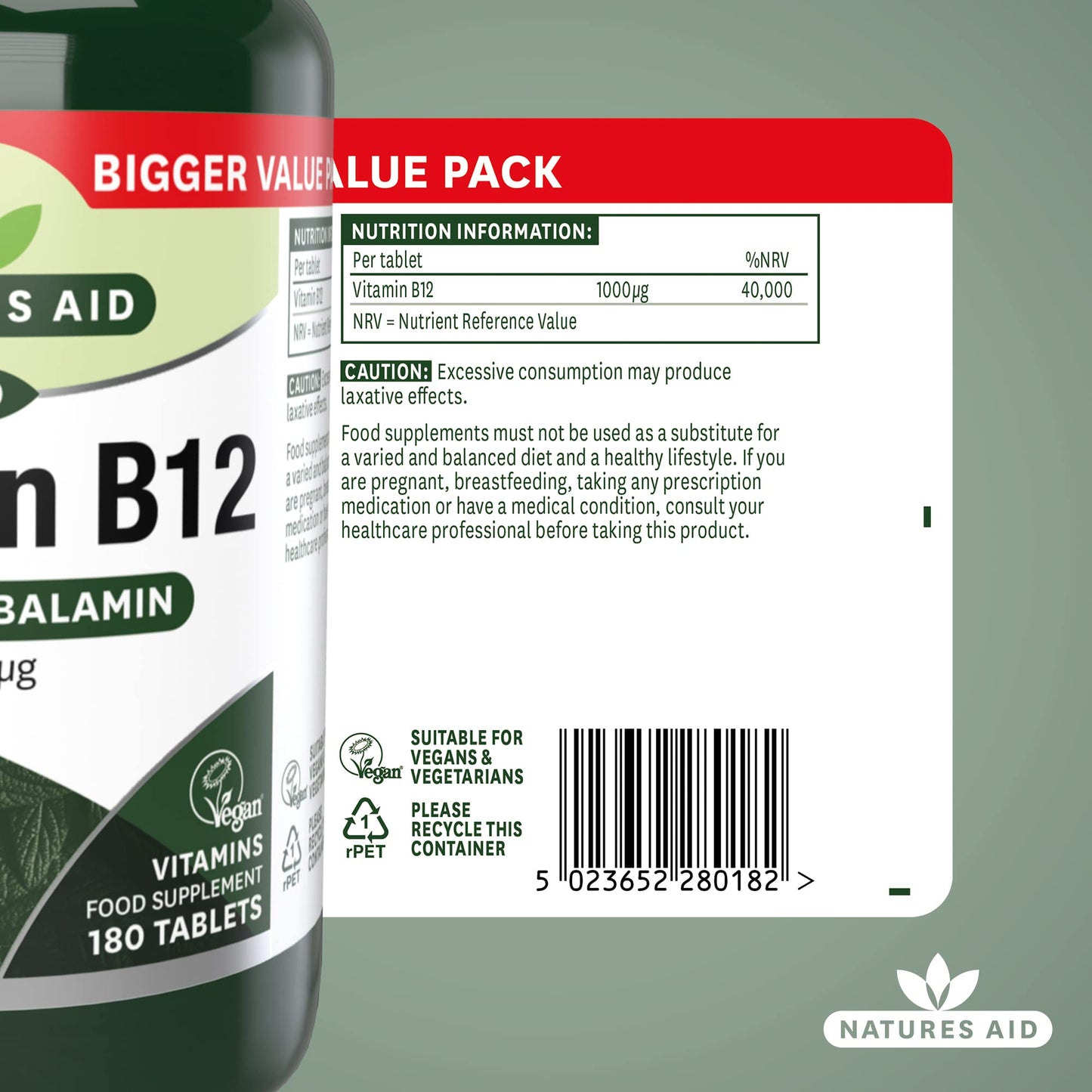 Natures Aid Vitamin B12, Methylcobalamin, One-A-Day, Cherry Flavour, 180 Tablets