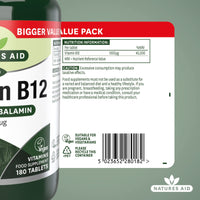 Natures Aid Vitamin B12, Methylcobalamin, One-A-Day, Cherry Flavour, 180 Tablets