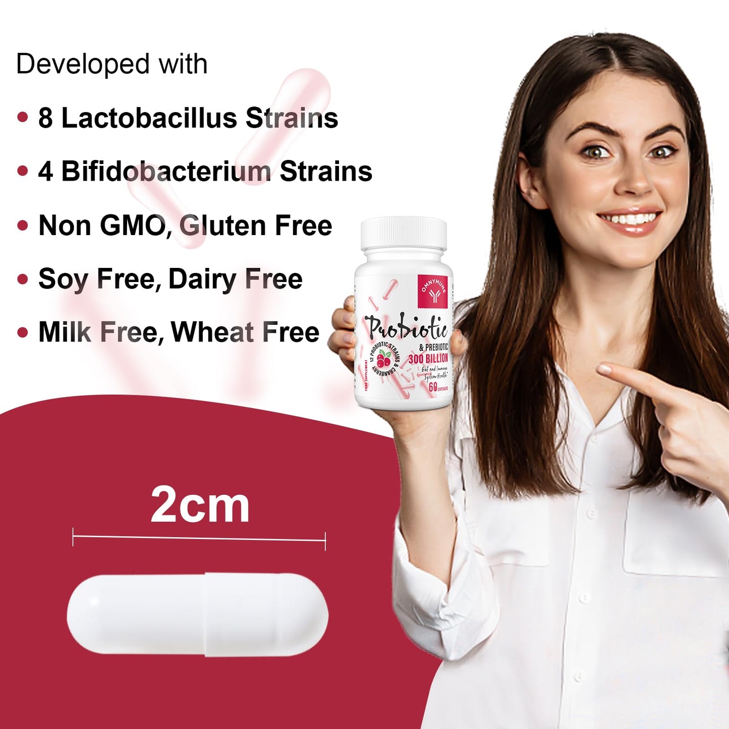 Omnymune Probiotics for Women - 300 Billion CFU, 12 Diverse Strains + Prebiotic - Women's Probiotics for Daily Digestive, Vaginal & Urinary Health, Immune Support, 60 Capsules