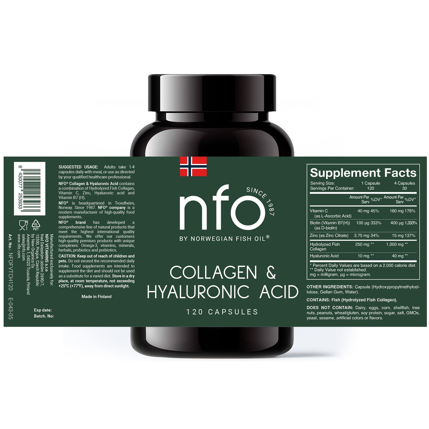NFO Collagen & Hyaluronic Acid [120 Capsules] Natural High-Dose Complex of Fish Collagen, Hyaluronic Acid, Vitamin C, Biotin, Zinc for Healthy Skin, Hair, Nails, Teeth, Made in Finland