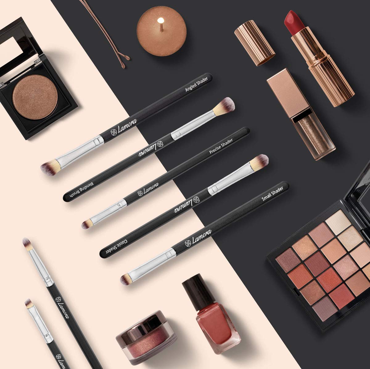 Lamora Make Up Eye Brush Set - Eyeshadow Eyeliner Blending Crease Kit - Best Choice 7 Piece Essentials - Pencil, Shader, Tapered, Definer - Vegan Synthetic Bristles That Last Longer, Apply Better Makeup & Make You Look Flawless