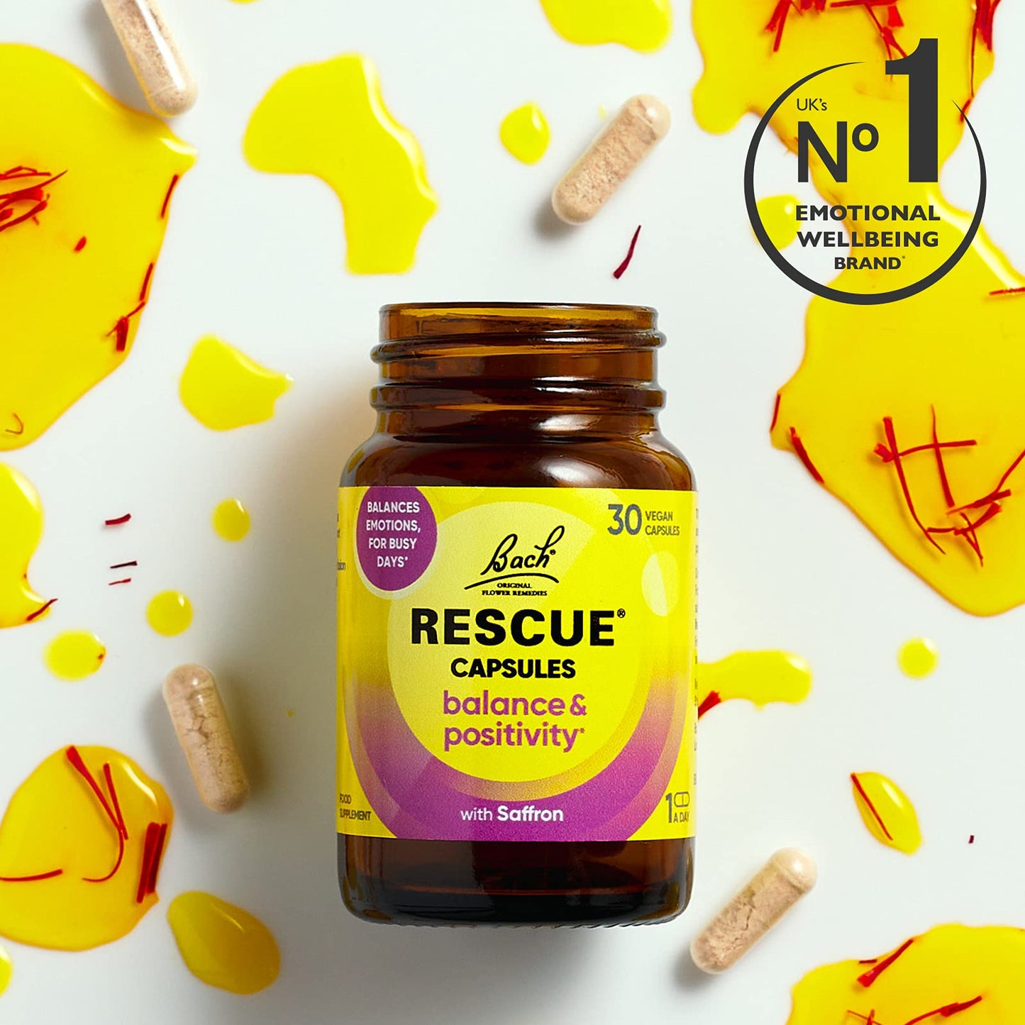 Rescue Balance and Positivity Capsules (30 Day Supply) Saffron, B5 B12 Vitamins, Flower Essences, Vegan Mood Enhancer Capsules for Emotional Balance and Busy Days