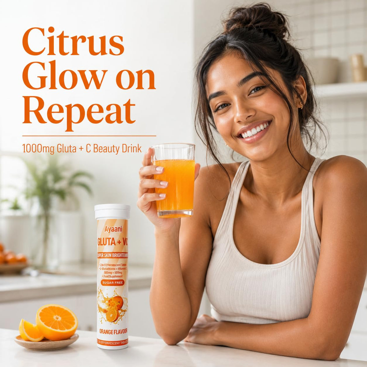 Ayaani Glow Orange Glutathione Beauty Drink | 1000mg Gluta + C with Glutathione 500mg + Vitamin C 500mg | Skin Glow, Brightening, Radiance & Even Tone | Zero Sugar, No Fillers | 20 Tablets