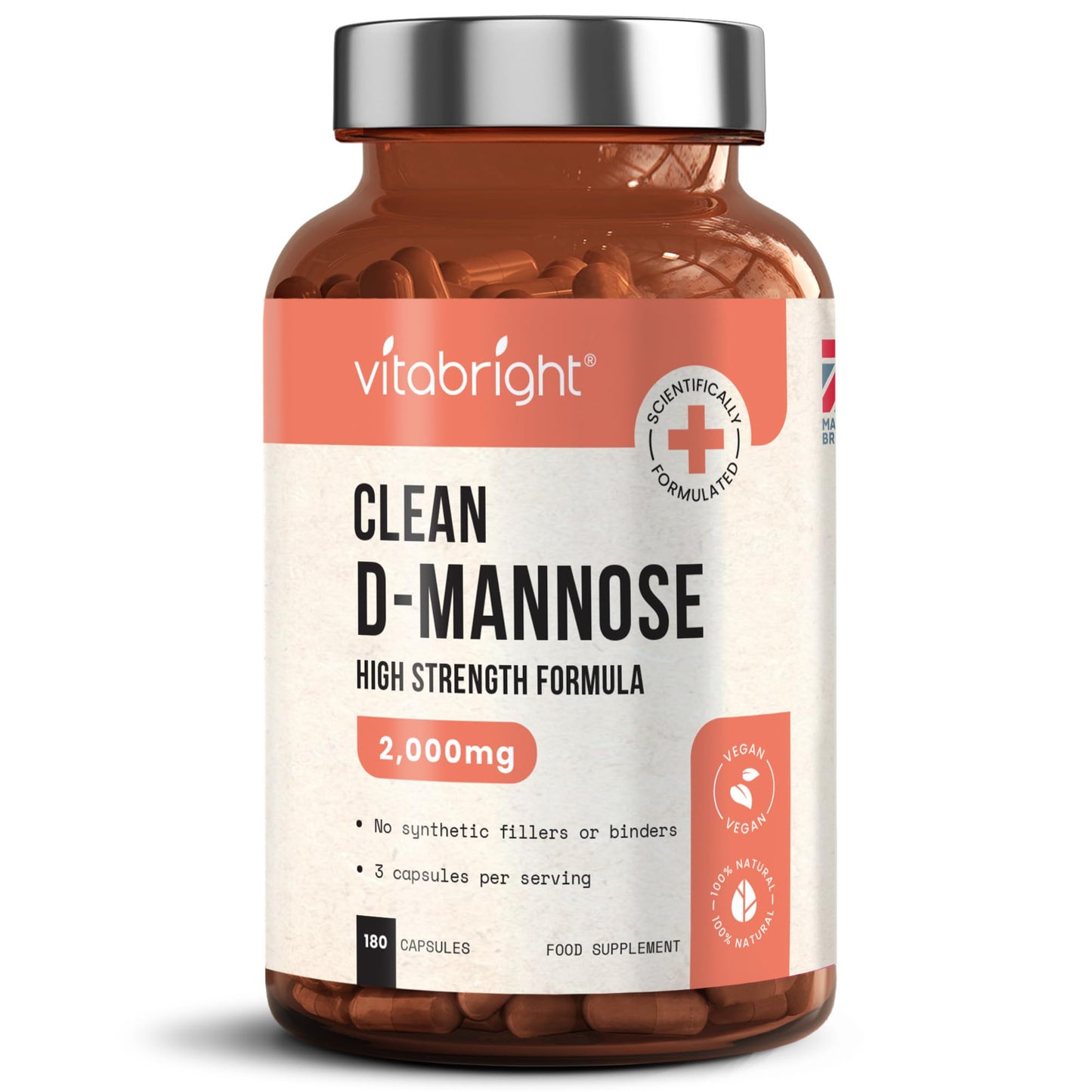 VitaBright D-Mannose Capsules | 180 Capsules | 60 Day Supply | High-Strength Alternative to Cranberry Tablets | Mix D Mannose Powder into Drinks | Pure Clean Formula