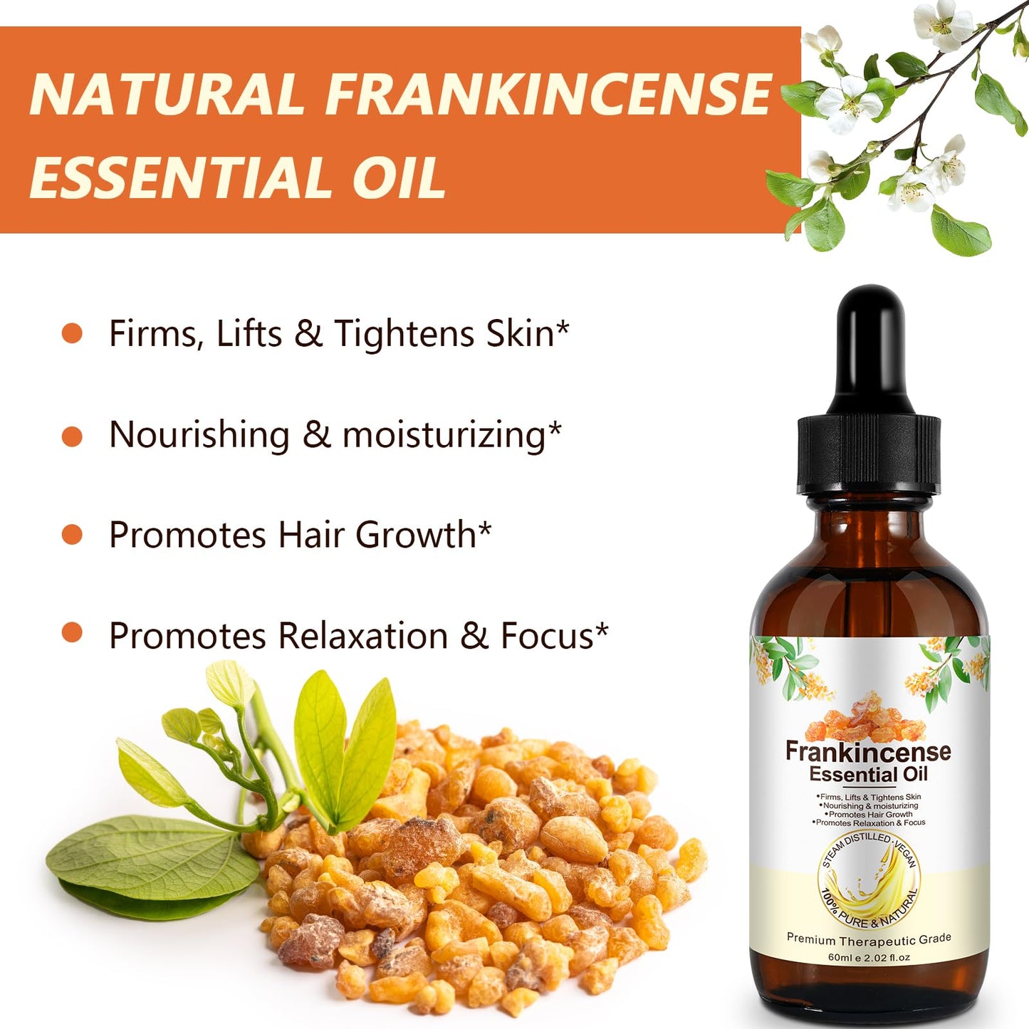 LEISGOTO Frankincense Oil for Skin, 100% Pure and Natural Organic Frankincense Oil for Self Care, Skin, Face, Hair, Relieving Discomfort, Calming, Massage & Relaxation | 60ml