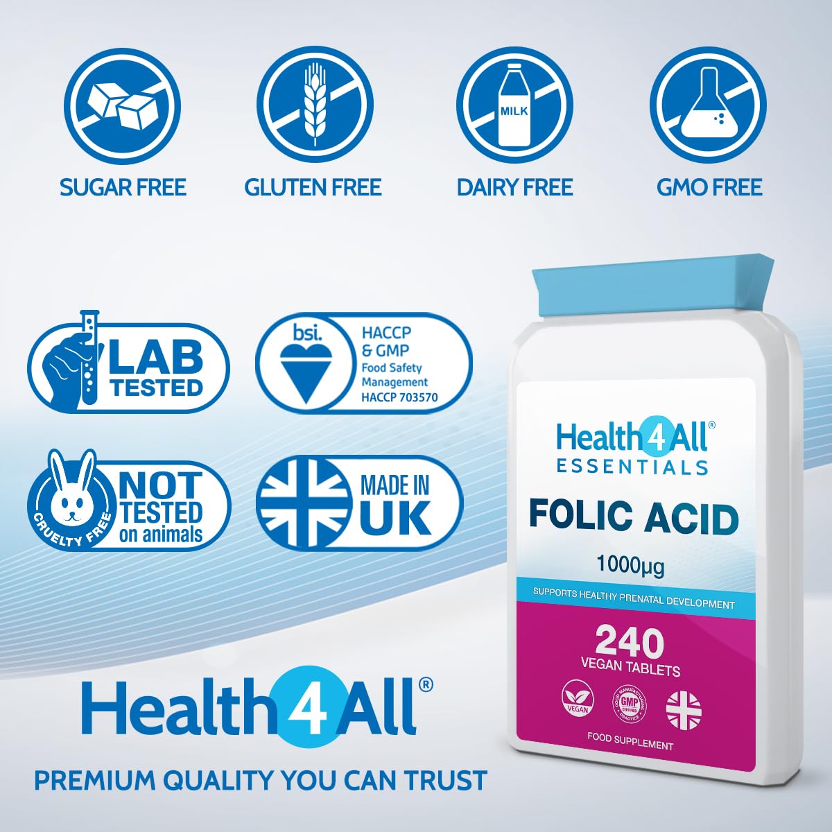 Health4All Folic Acid 1000mcg 240 Tablets (8-Month Supply) - Supports Healthy Prenatal Development - UK Made Vegan Folic Acid High Strength Vitamin B9 Tablets