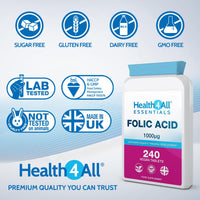 Health4All Folic Acid 1000mcg 240 Tablets (8-Month Supply) - Supports Healthy Prenatal Development - UK Made Vegan Folic Acid High Strength Vitamin B9 Tablets
