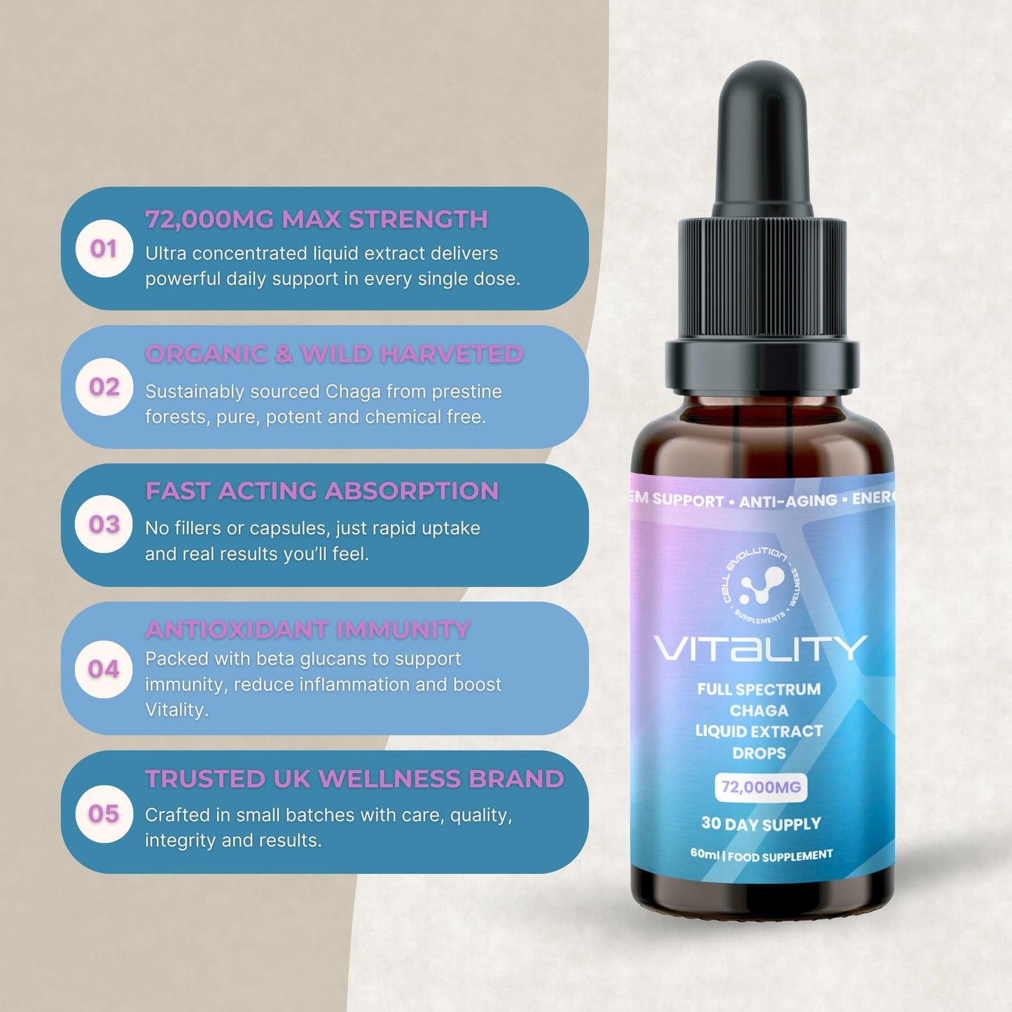 Cell Evolution Chaga Full Spectrum Liquid Mushroom Drops Supplement, Super Strength 72,000mg (15:1), Immune Support & Anti Aging, Natural & Suitable for Vegans & Vegetarians