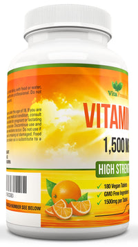Vitamin C 1500mg per Tablet, High Strength 180 Vegan Tablets, Food Supplement, 6 Month Supply - Made in UK