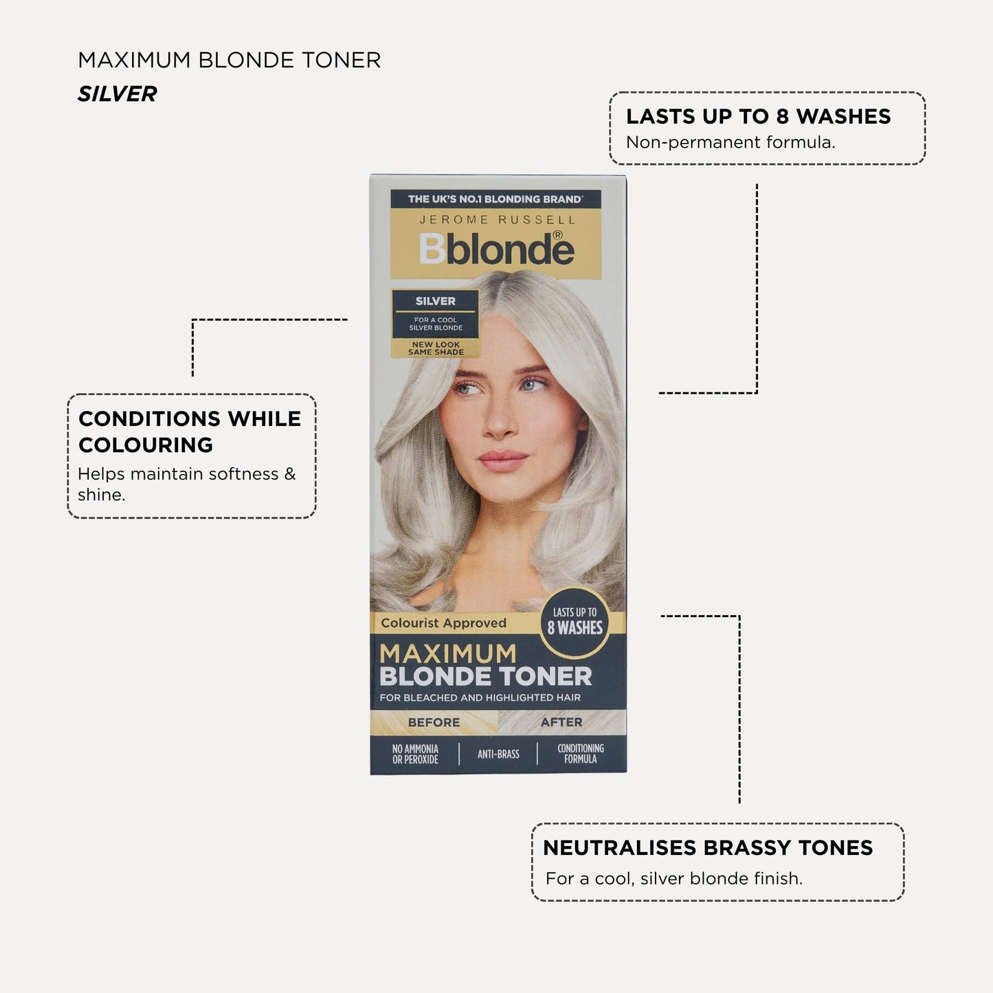 Jerome Russell Bblonde SILVER Non-Permanent Hair Toner | Neutralises Yellow & Brassy Tones | Salon-Quality Cool Blonde Results | Vegan | 75ml