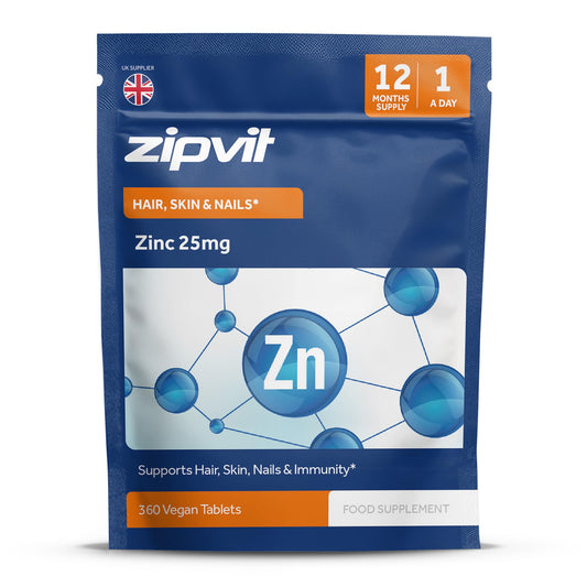 Zipvit Zinc 25mg Pouch, 12 Months Supply, Recommended Dose Zinc Supplement, Supports Hair, Skin, Nails, Bones & Vision, Promotes Immunity, Fertility & Reproduction for Men & Women, 360 Vegan Tablets