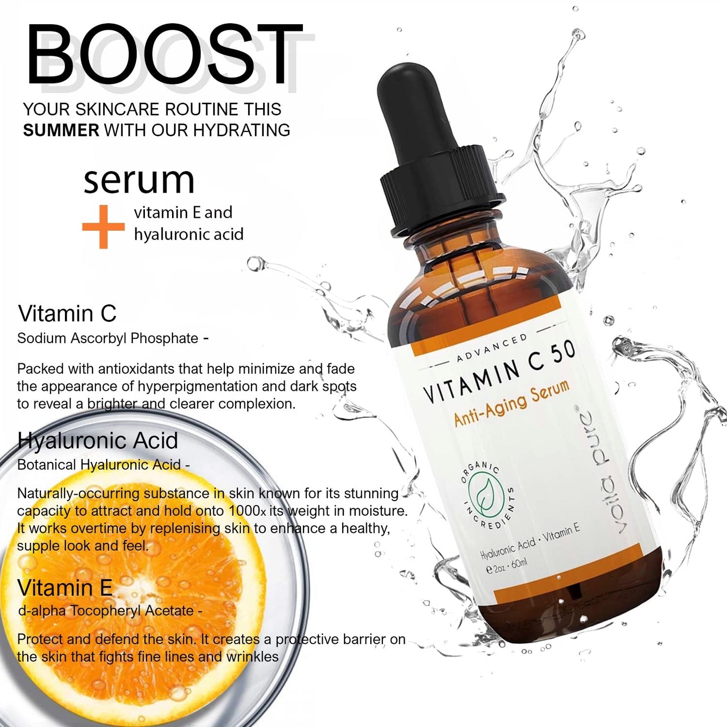 Voila pure VITAMIN C SERUM for Face with Hyaluronic Acid - Anti-Ageing Vitamin C Face Serum - Vit C with 5% Pure Hyaluronic Acid Serum for Face - For Age Spots, Fine Lines, Wrinkles 60ml