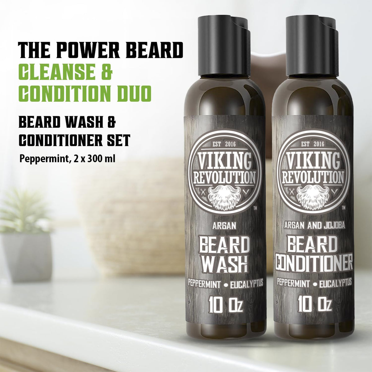 VIKING REVOLUTION Viking Revolution - Beard Shampoo And Conditioner - Natural Beard Wash & Beard Conditioner With Argan & Jojoba Oils - Softens & Strengthens - Gifts For Men - Peppermint & Eucalyptus - 2 x 300 ml